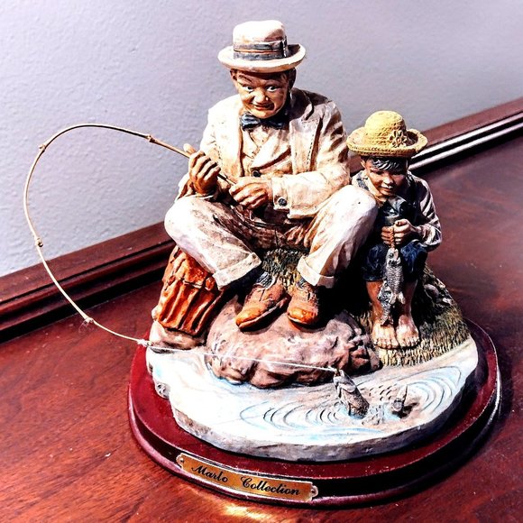 Always Time for Fishing! Man & Boy ~ Marlow Collection Resin Figurine, Wood Base - Picture 1 of 14